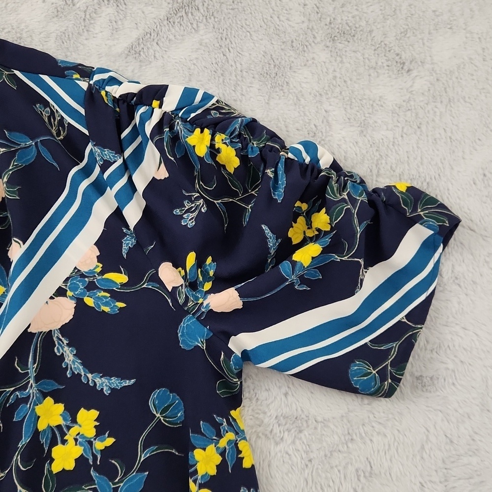 Halogen Floral Shift Dress Women's Size 1 Navy Blue 3/4 Sleeve Ruched Scarf Prin - Picture 10 of 12
